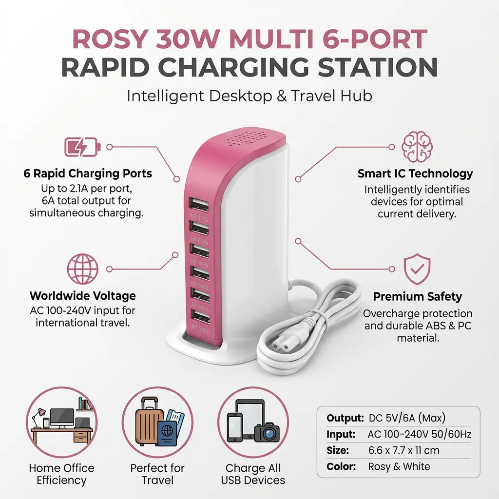 Rosy 30W Multi 6 Port USB Charger 6A Rapid Charging Station Desktop Travel Hub Original US Plug
