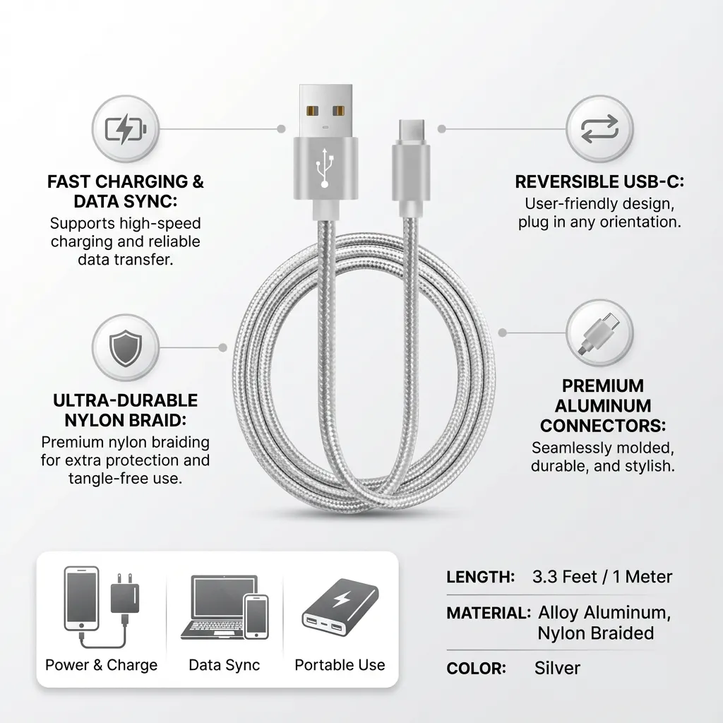 USB Type C Cable Nylon Braided Fast Charging Cord Safe and Fast Data Line (Silver)