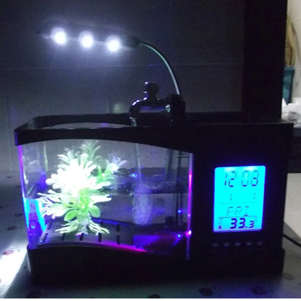 Multifunctional USB LCD Display Desktop Aquarium Fish Tank LED Light Lamp with Calender /Alarm Clock /Pen Holder (Black)