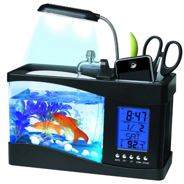 Multifunctional USB LCD Display Desktop Aquarium Fish Tank LED Light Lamp with Calender /Alarm Clock /Pen Holder (Black)