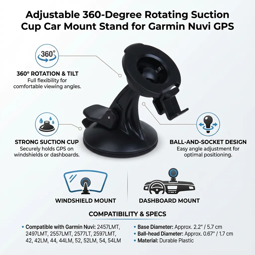Adjustable 360-degree Rotating Suction Cup Car Mount Stand Holder for Garmin Nuvi GPSD (Black)