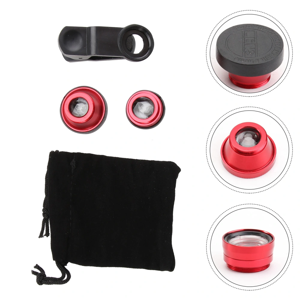 Universal Portable Cell Phone Camera Lens Super Wide Angle Lens Macro Lens and Fisheye Lens Clip on 3 in 1 Mobile Phone Lens for iPhone Smart Phones (Red)