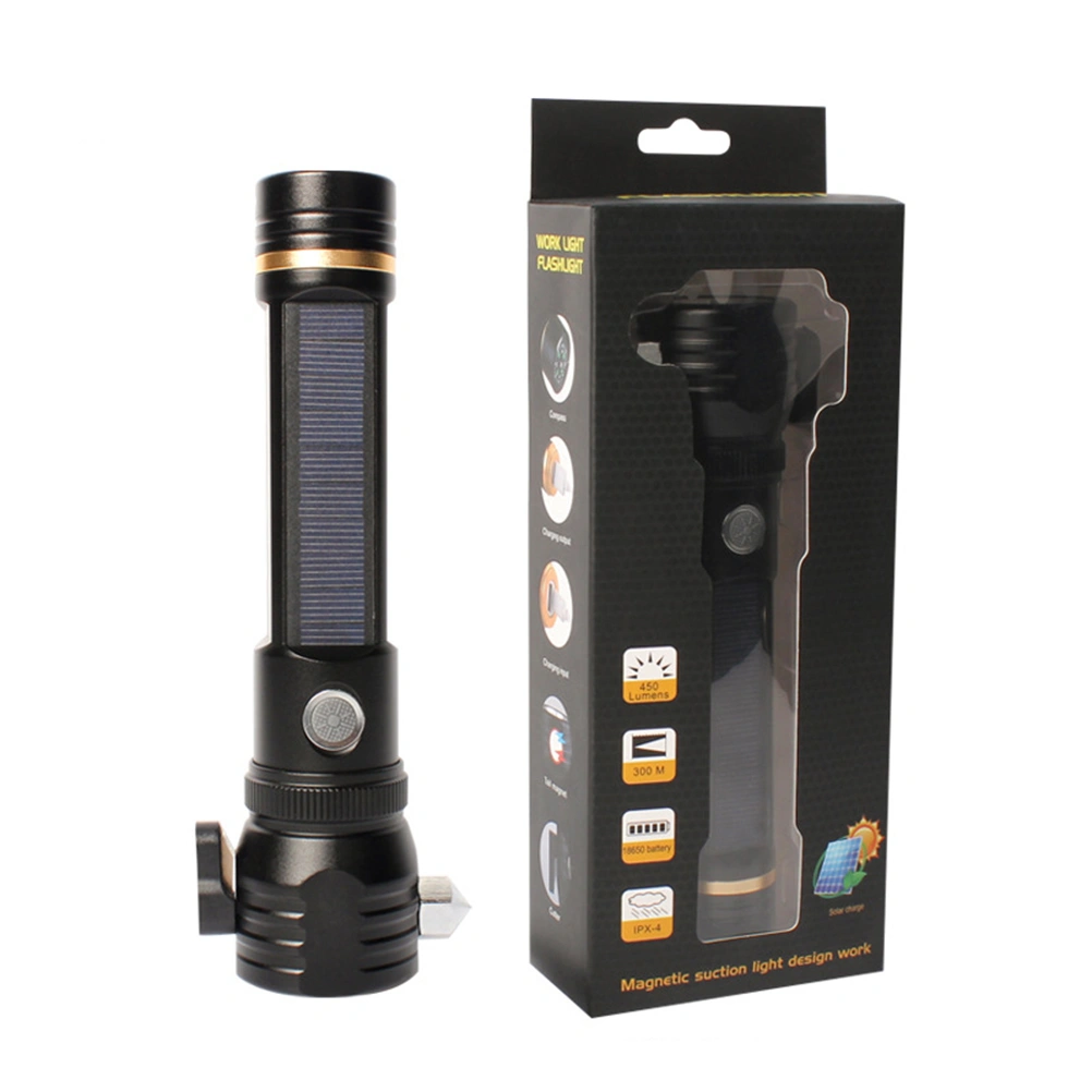 LED Solar Flashlight Multifunction Glare Charging Car Emergency Safety Hammer Explosion-proof Flashlight(Black)