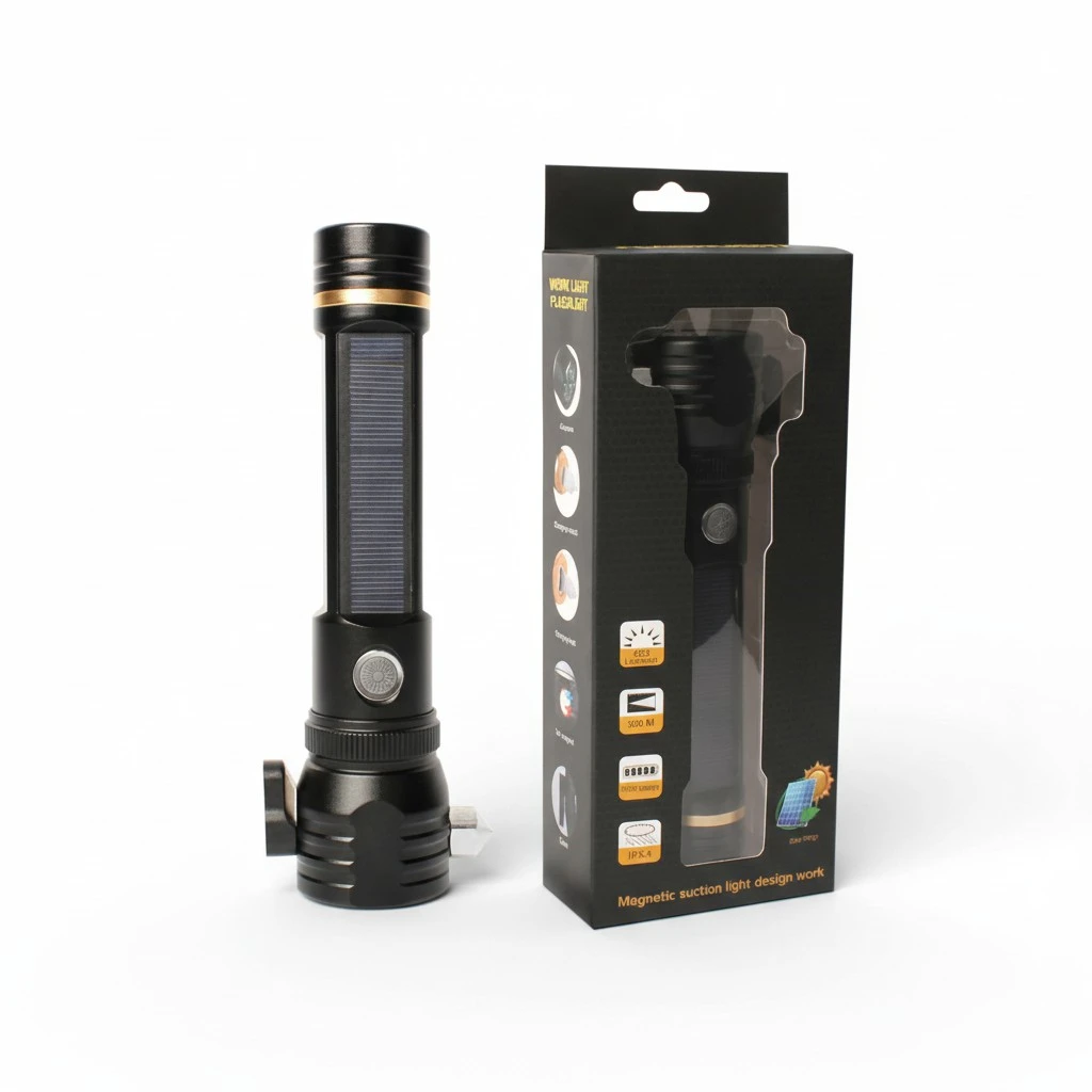 LED Solar Flashlight Multifunction Glare Charging Car Emergency Safety Hammer Explosion-proof Flashlight(Black)