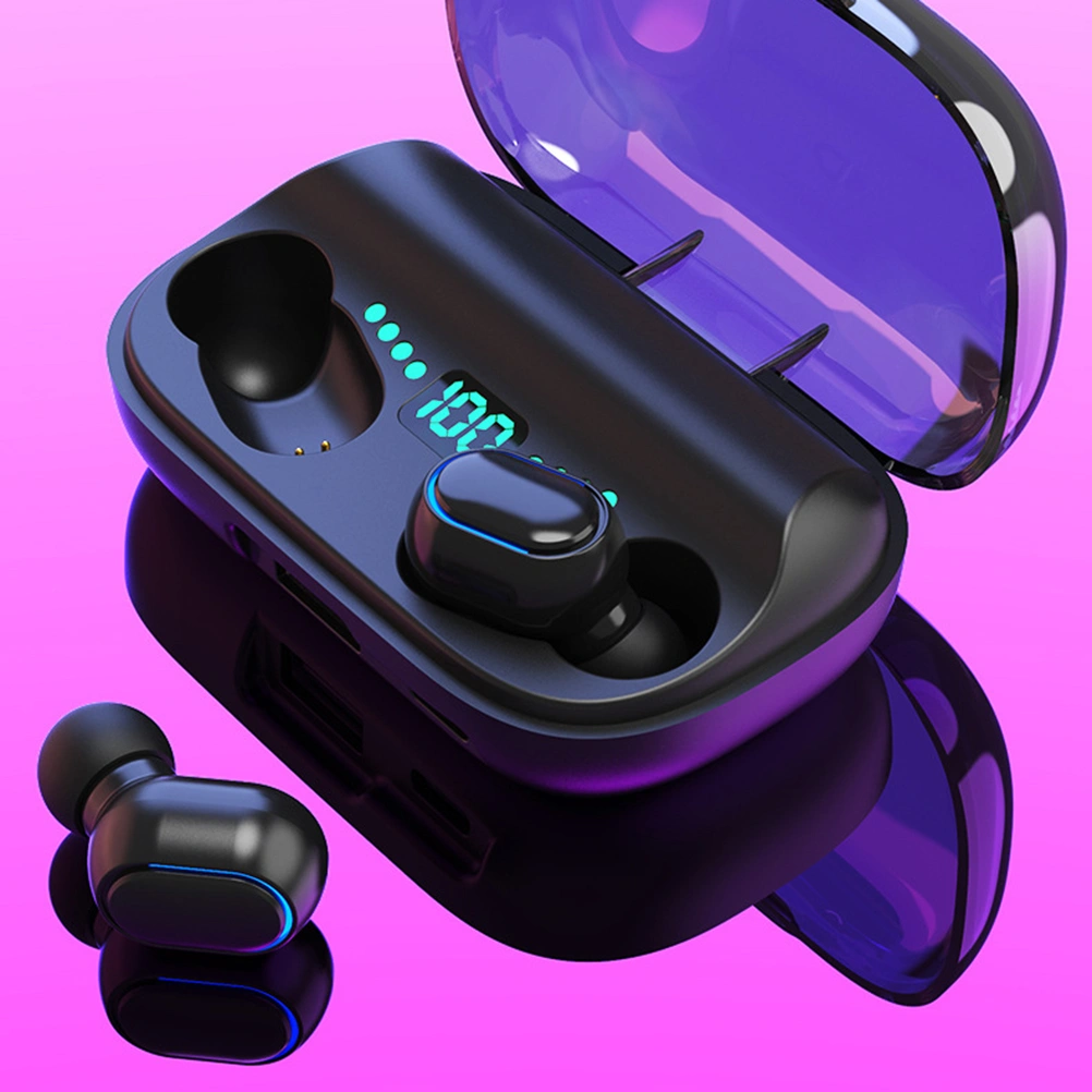 1 Pair Noise Reduction Wireless Headset Battery Display TWS Sports Earbuds Breathing Light Earphones with Charging Case (Black)
