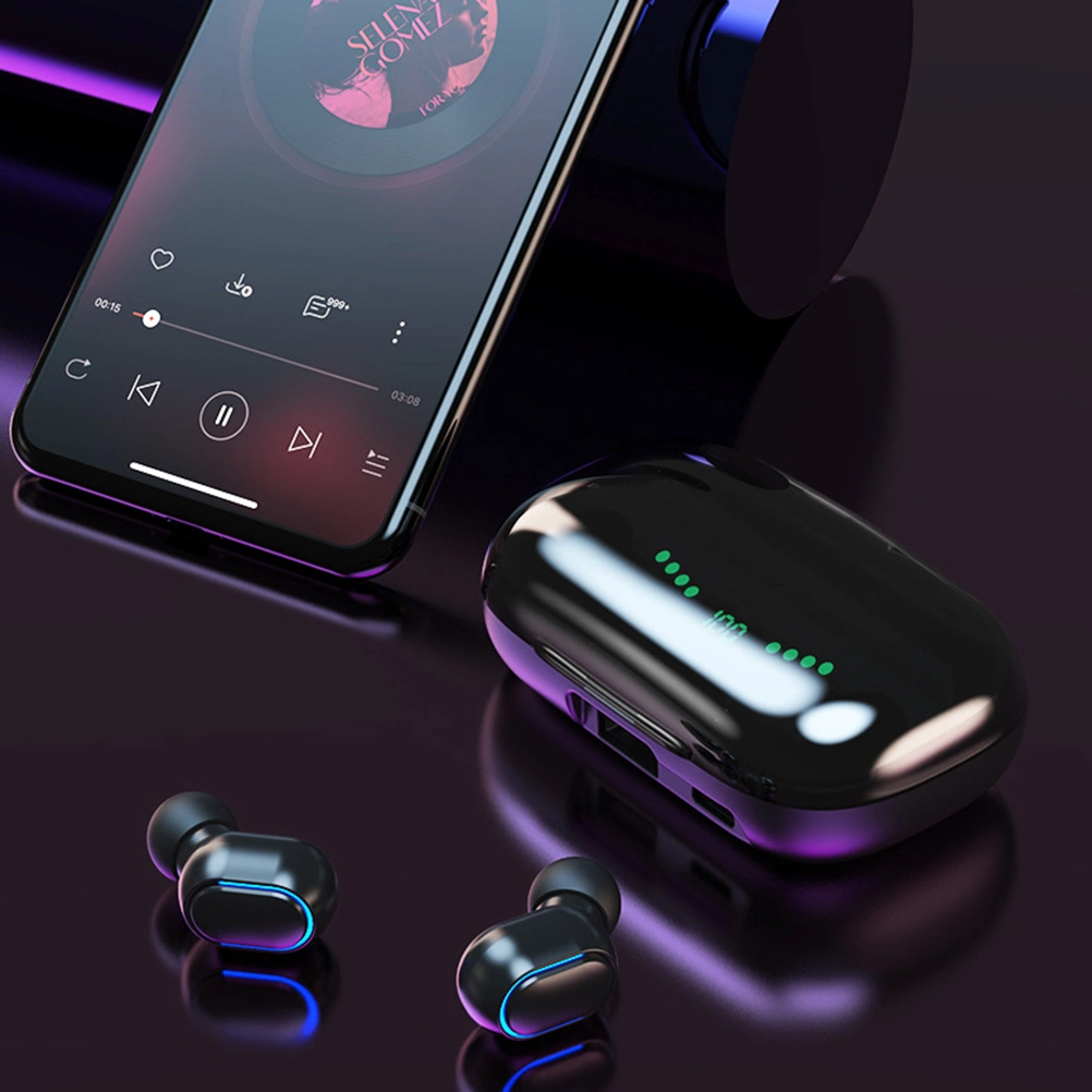 1 Pair Noise Reduction Wireless Headset Battery Display TWS Sports Earbuds Breathing Light Earphones with Charging Case (Black)