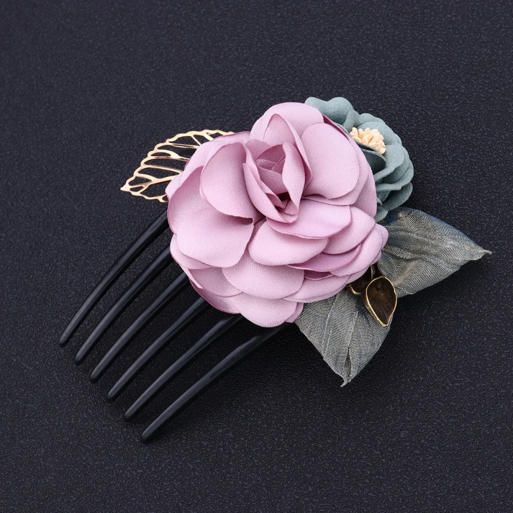 1pc Hair Comb Cloth Imitation Flower Elegant Hair Insert Comb Bridal Updo Comb for Wedding (Taro Purple)