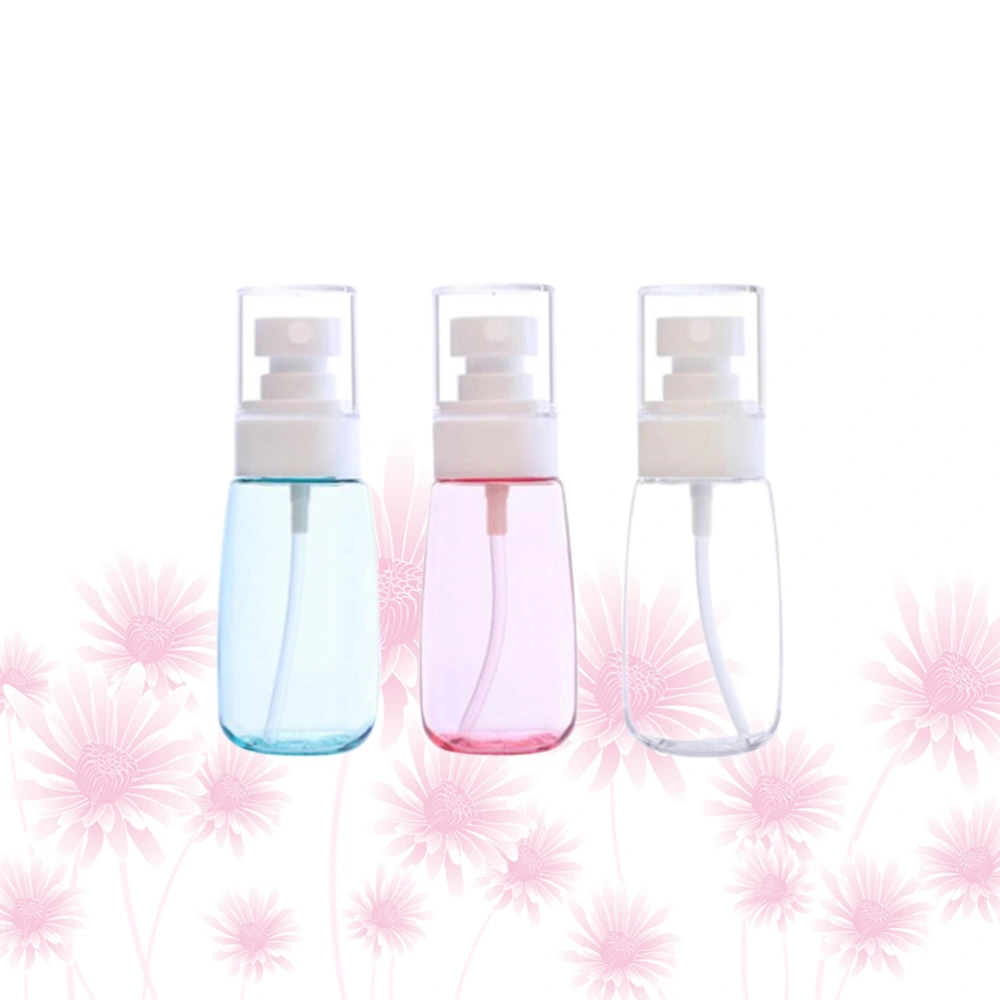 3Pcs 100ml Empty Spray Bottles Press Pump Bottles Portable Subpackaging Bottle Sunscreen Sprayers (Trasparent, Blue, Pink)