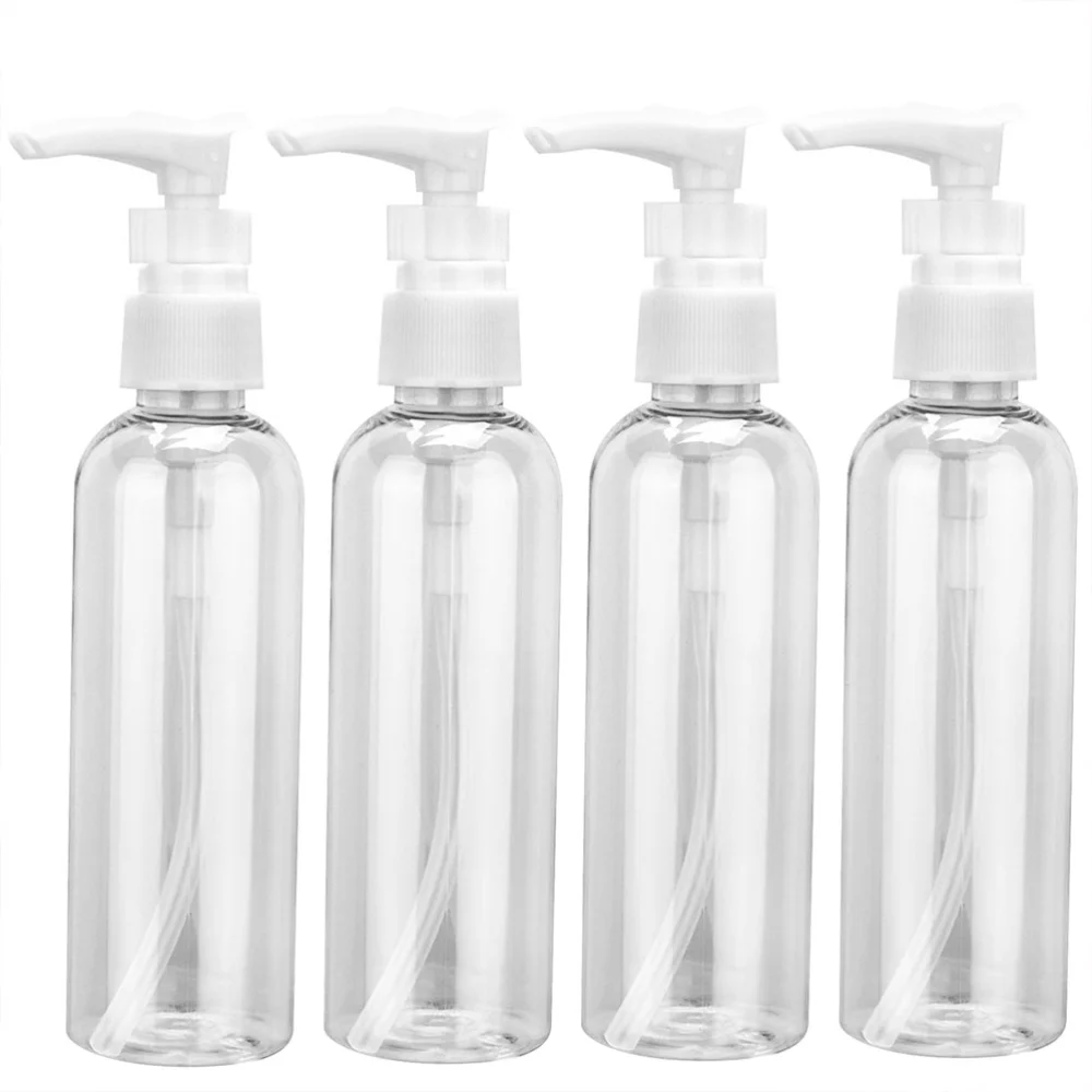 4pcs 100ml Press Pump Cosmetic Bottle Portable Cosmetic Empty Shampoo Bottle Travel Lotion Storage Bottle (Transparent White)