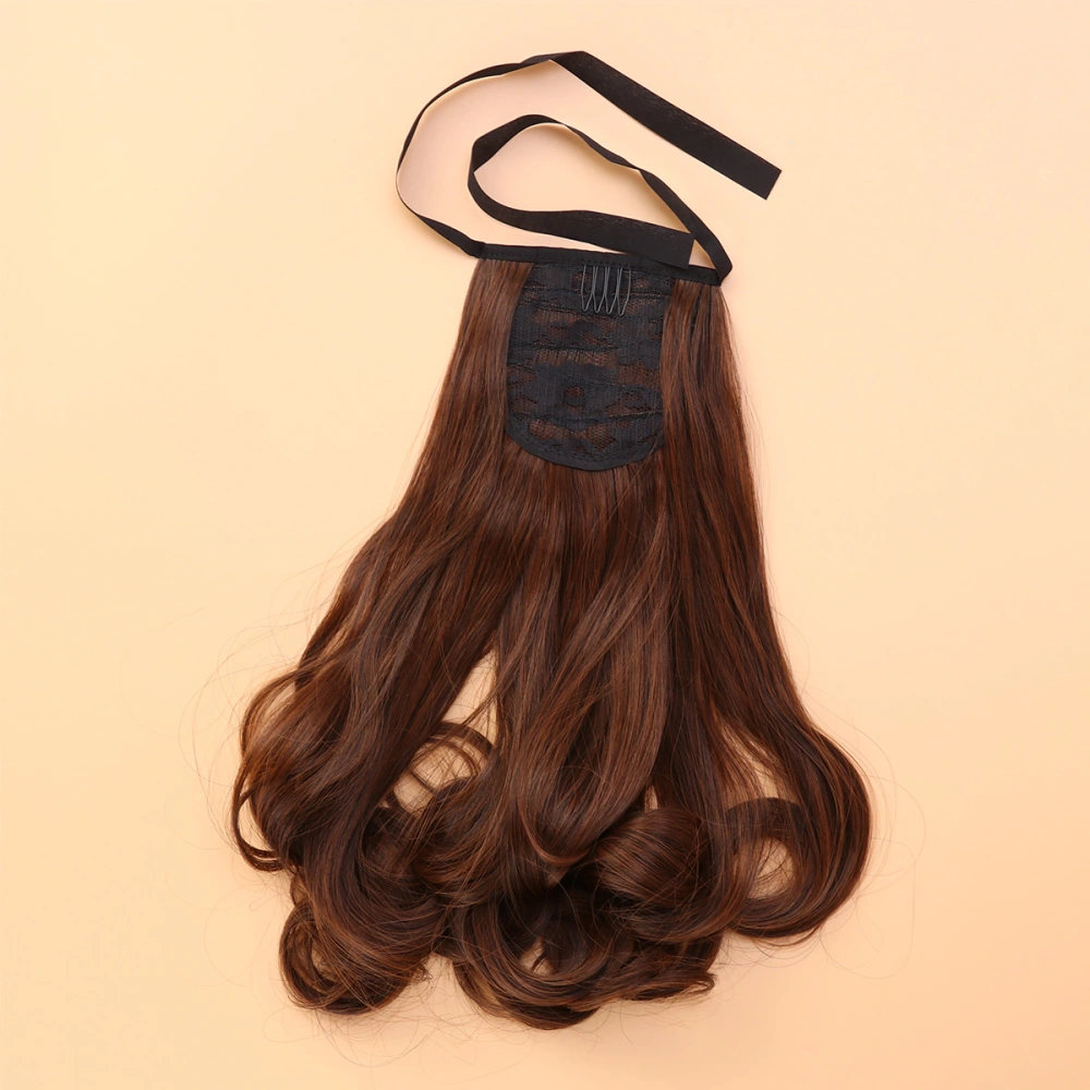 48cm Long Curly Hair Wig Ribbon Ponytails Drawstring Synthetic Hairpiece Wavy Ponytail Hair Extensions (Light Brown)