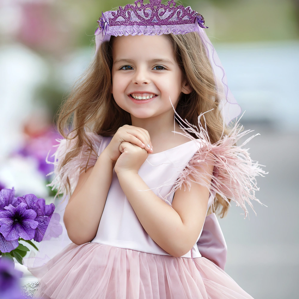 Delicate Flower Girl Veils Crown Two Layers White Wedding Communion Hair Wreath Headdress (Purple)