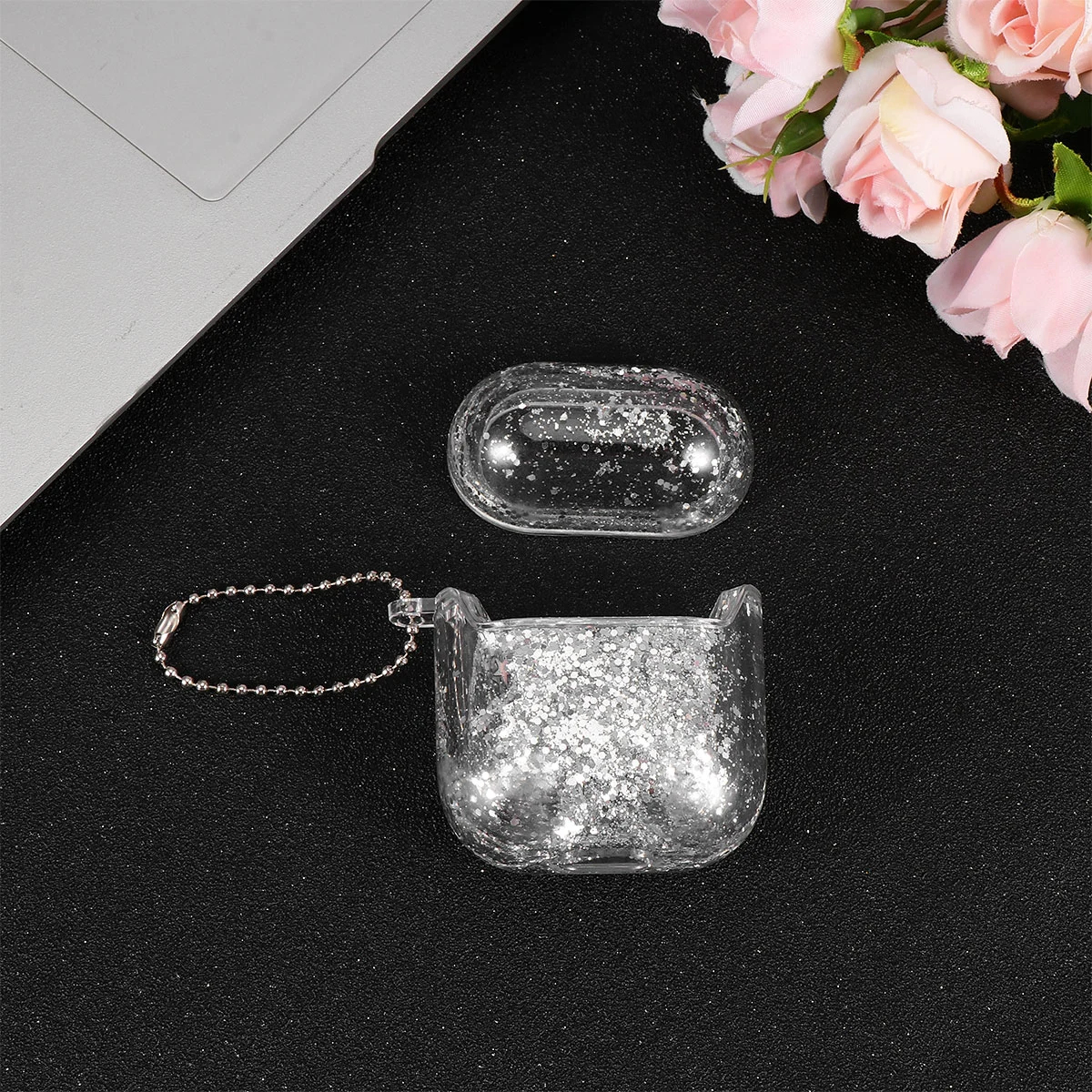 1pc Plastic Wireless Earphone Protective Cover Case Shell Quicksand Shiny Glitter Compatible for AirPods1/2 (Silver)