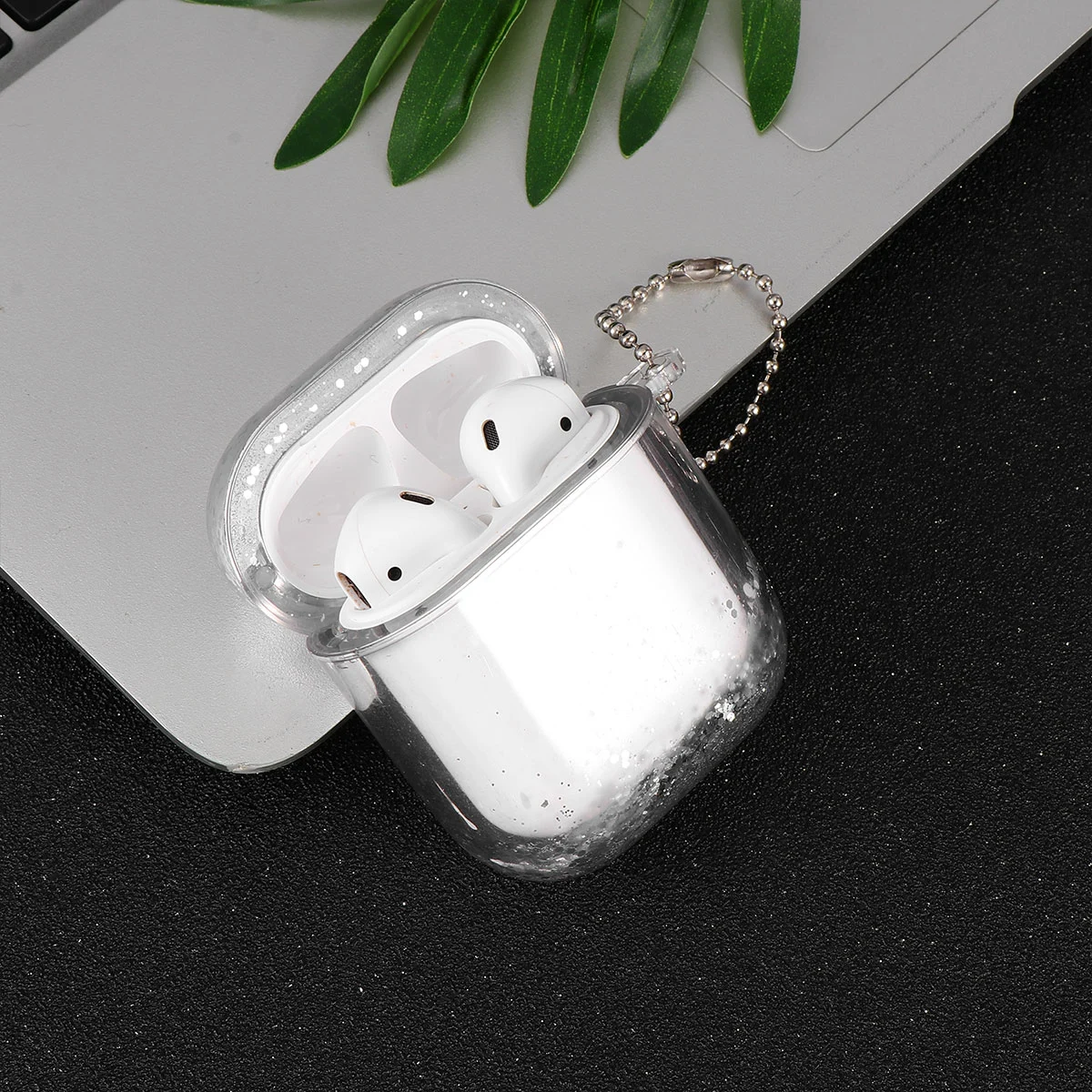 1pc Plastic Wireless Earphone Protective Cover Case Shell Quicksand Shiny Glitter Compatible for AirPods1/2 (Silver)