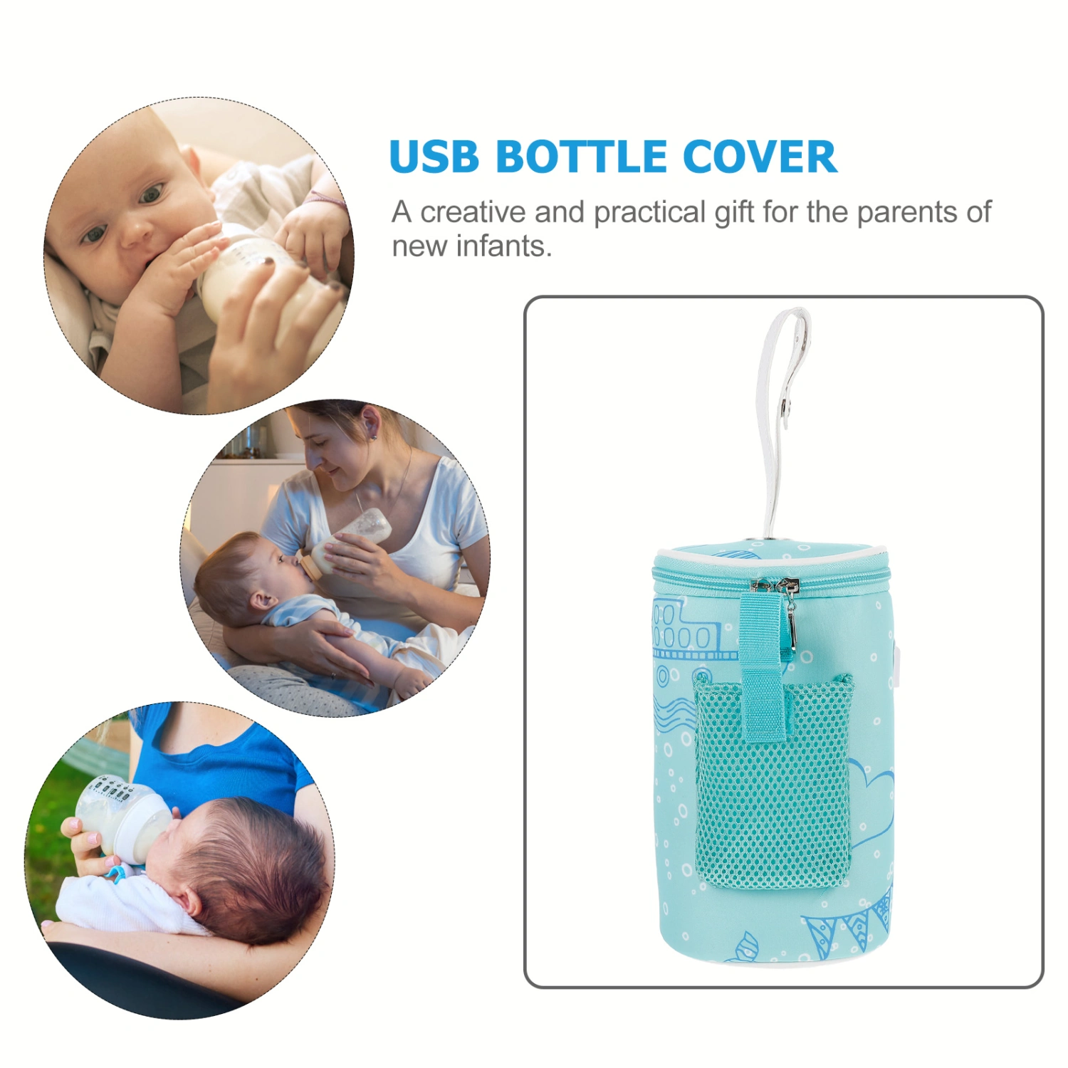 11.5x21cm USB Baby Bottle Warmer Portable Milk Travel Cup Warmer Heater Infant Feeding Bottle Bag Storage Cover Insulation Thermostat with Cable (Blue)