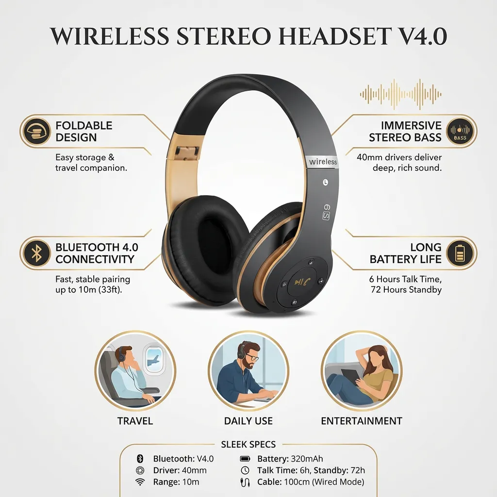 WirelessHeadphone FoldableHeadset V4.0 On-Ear Design Stereo Bass Headset (Black and Gold)