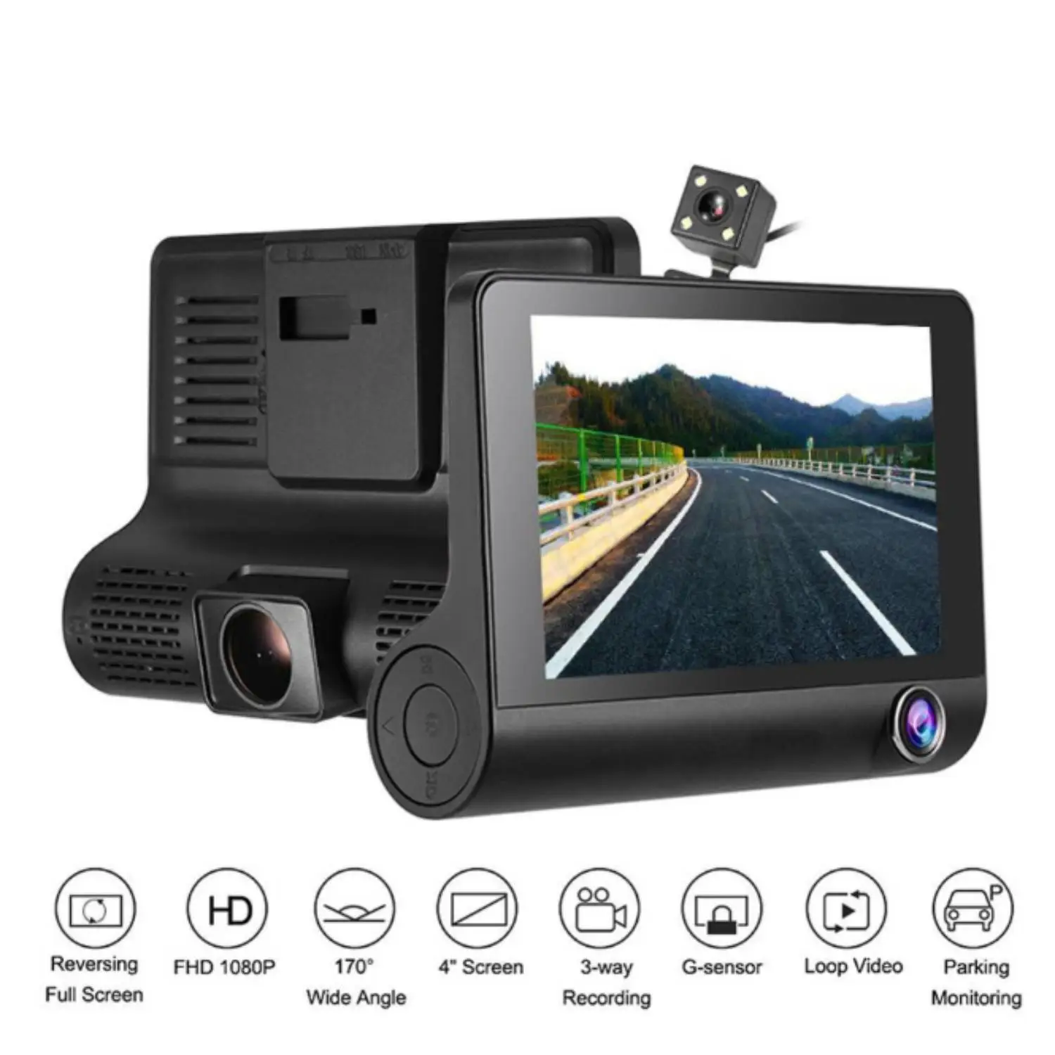 Dash Cam 4 Inch 3 Cameras Wide Angle Night Vision Loop Recording Car Driving Recorder Backup Camera