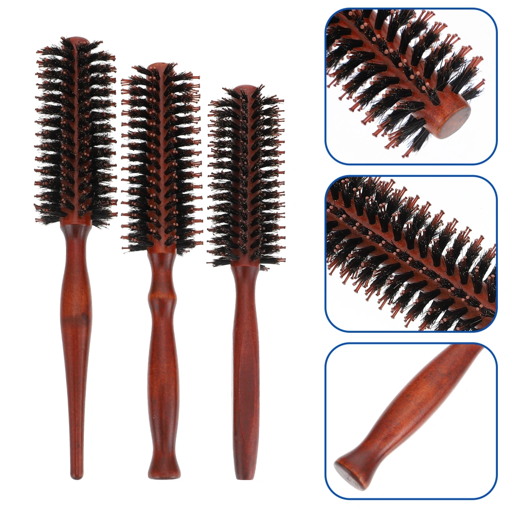 3Pcs Round Bristle Hair Brush Natural Wood Handle Hair Brush for Men and Women