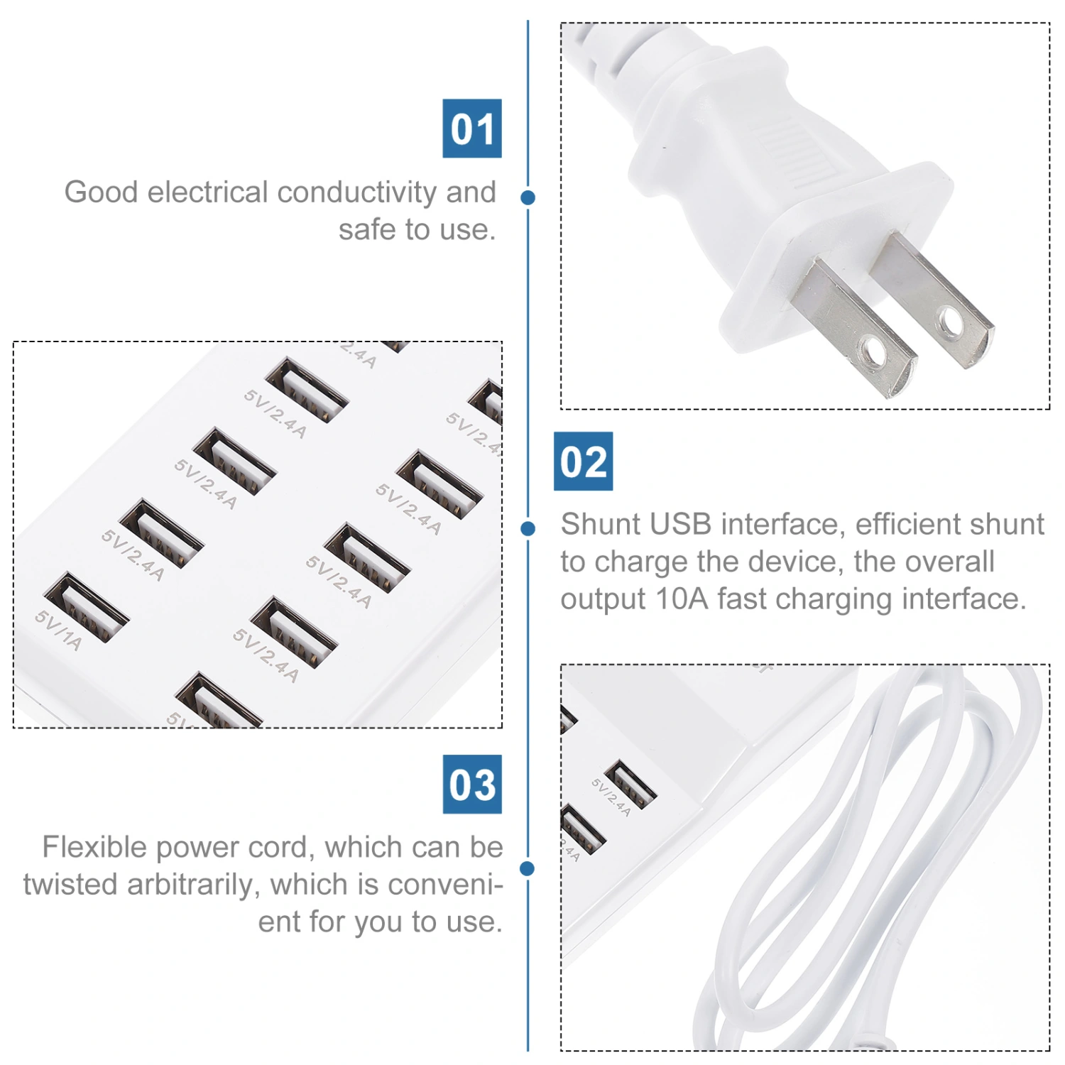 Fast Charger 10A 10-port Portable USB Charger Desktop Charging Dock US Plug