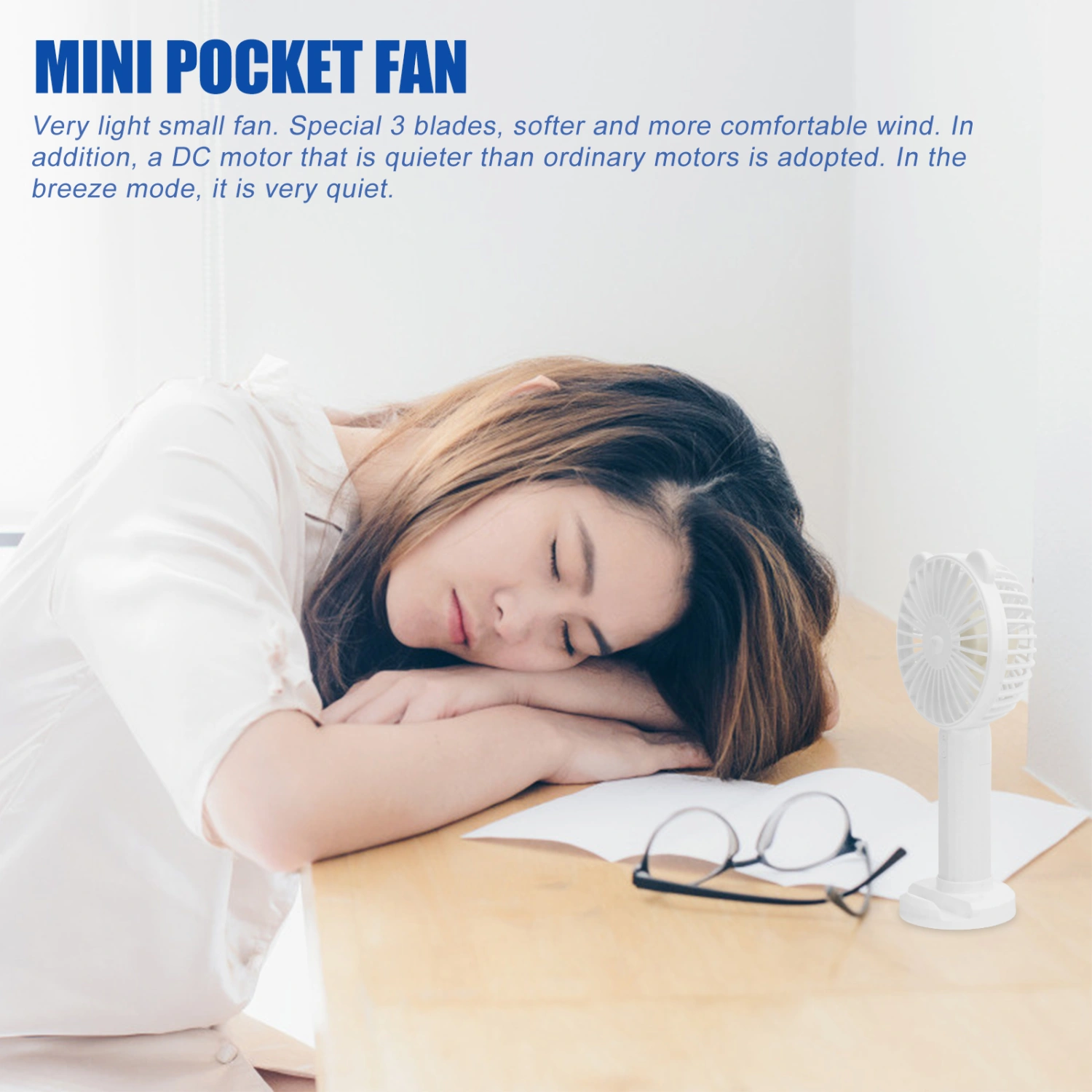 Mini Desktop Fan USB Charging Fan Useful Practical Handheld Fan with Light for Home Office Daily Use (White)
