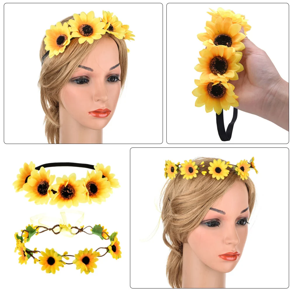 2pcs Wedding Festivals Floral Hair Band Adjustable Ribbon Sunflower Headband