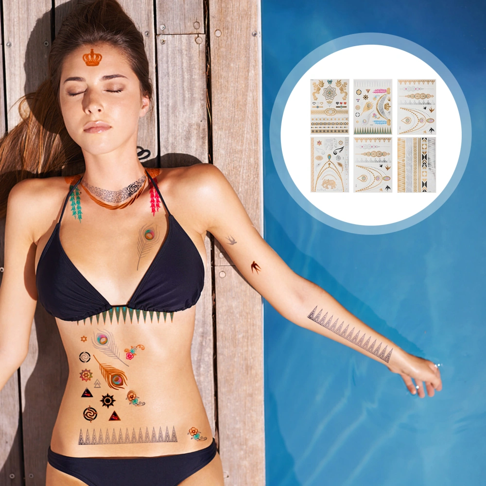 6 Sheets Metallic Fake Tattoos Flash Golden Temporary Waterproof Tattoos Sticker