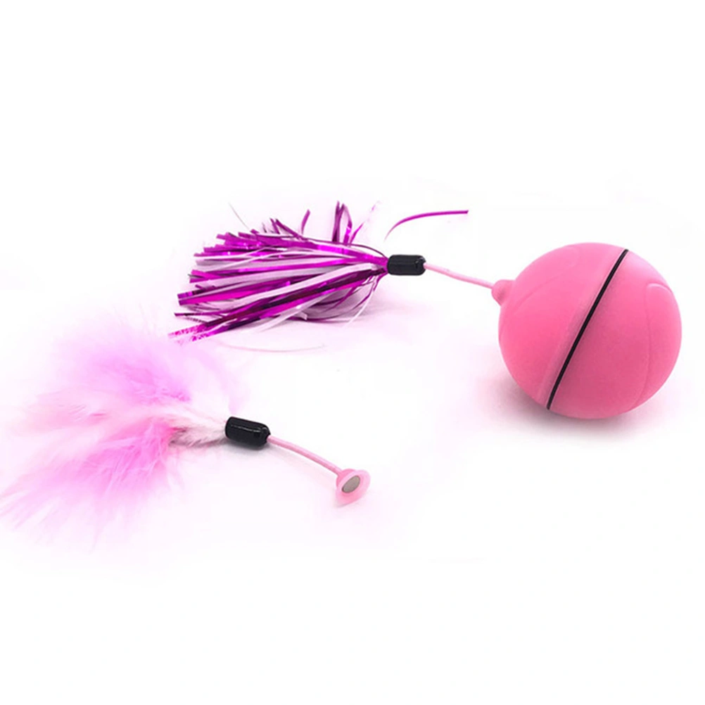 Electric LED Rotate Lighting Ball with Feather Interactive Cat Feather Toys Teaser Motion Kitten Toys (Pink)