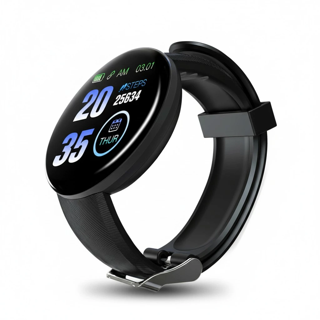 D18 Round Screen Counting Step Calorie Bracelet Screen Touch Smart Watch Fashion Fitness Heart Rate Sleep Monitor (Black)