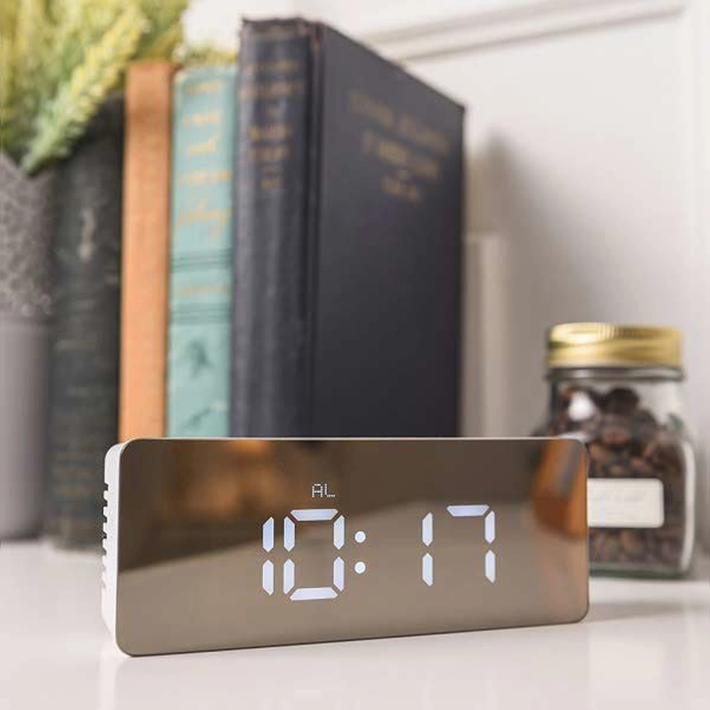 Multifunctional LED Display Digital Alarm Clock Modern Mirror Clock with USB Cable for Office Bedroom Dormitory Travel (Rectangle)