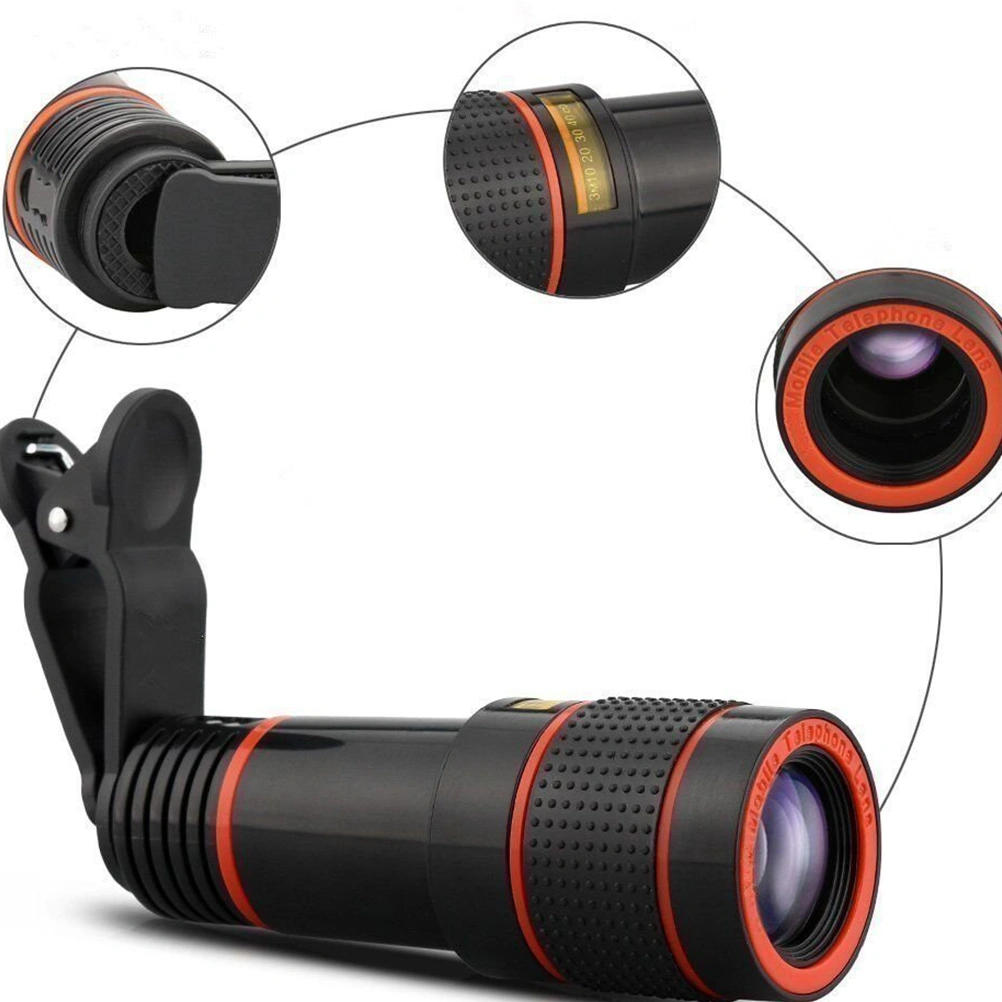 1 Set 12X Universal Monocular Zoom Optical Cell Phone Lens Observing Survey Telephoto Lens with Tripod for Smartphone (Black)