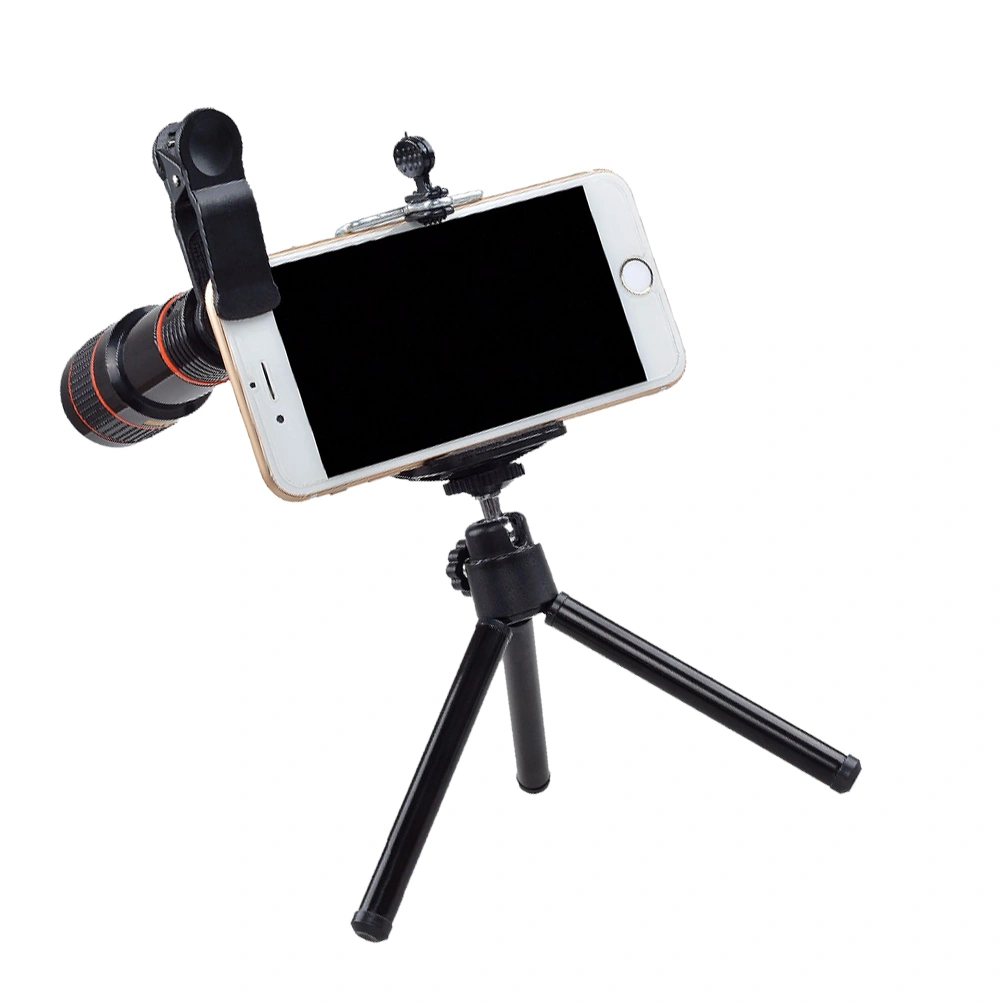 1 Set 12X Universal Monocular Zoom Optical Cell Phone Lens Observing Survey Telephoto Lens with Tripod for Smartphone (Black)
