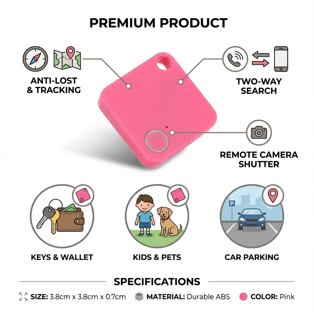 1Pc Smart Mini GPS Anti-Lost Tracer Square Shape Keys Wallet Bag Kids Trackers Finder Equipment (Pink)
