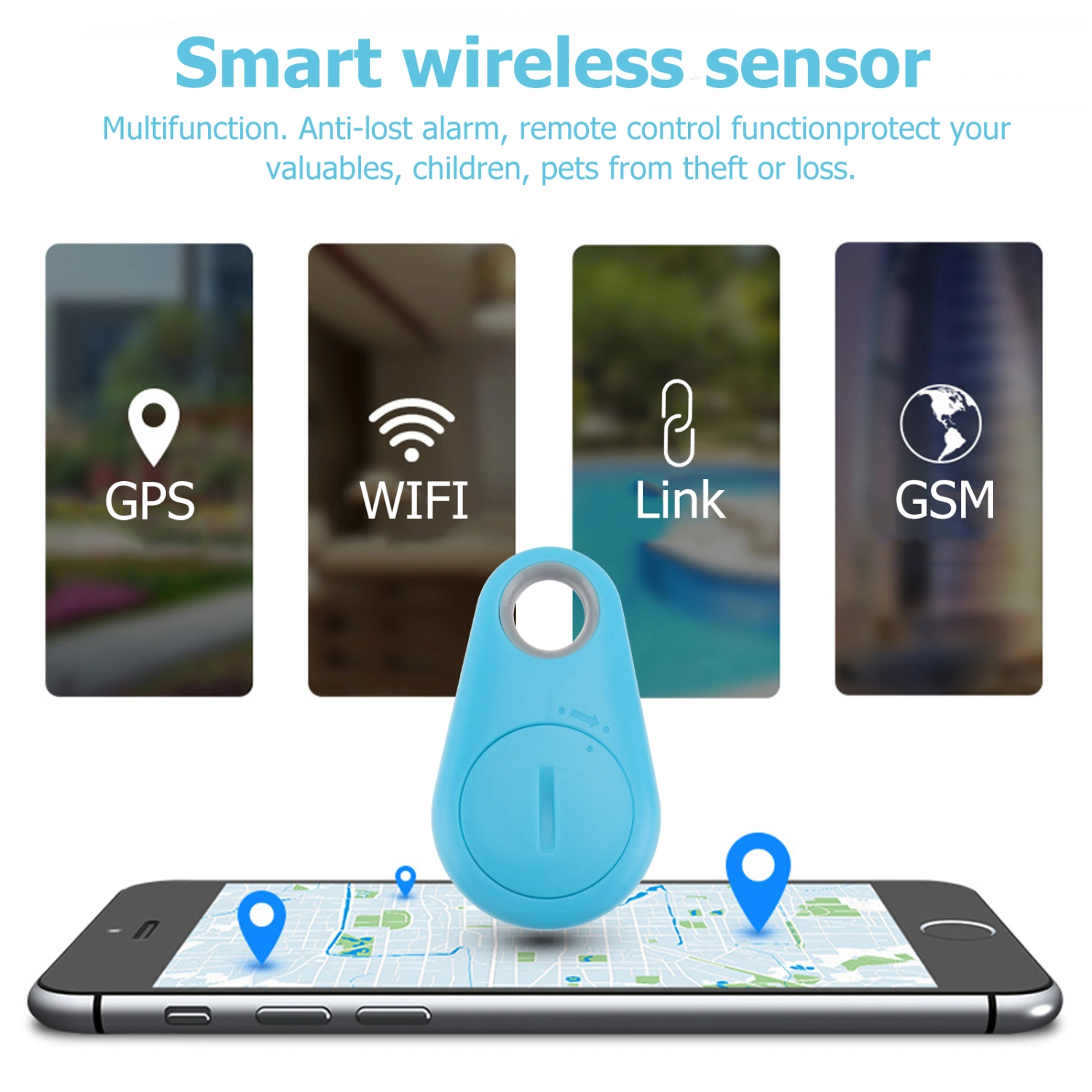 Smart Finder Locator Pet Alarm Wireless  4.0 Anti-lost Sensor Remote Selfie Shutter Seeker for Kids Bag Wallet Keys Car Smart Phone (Blue)