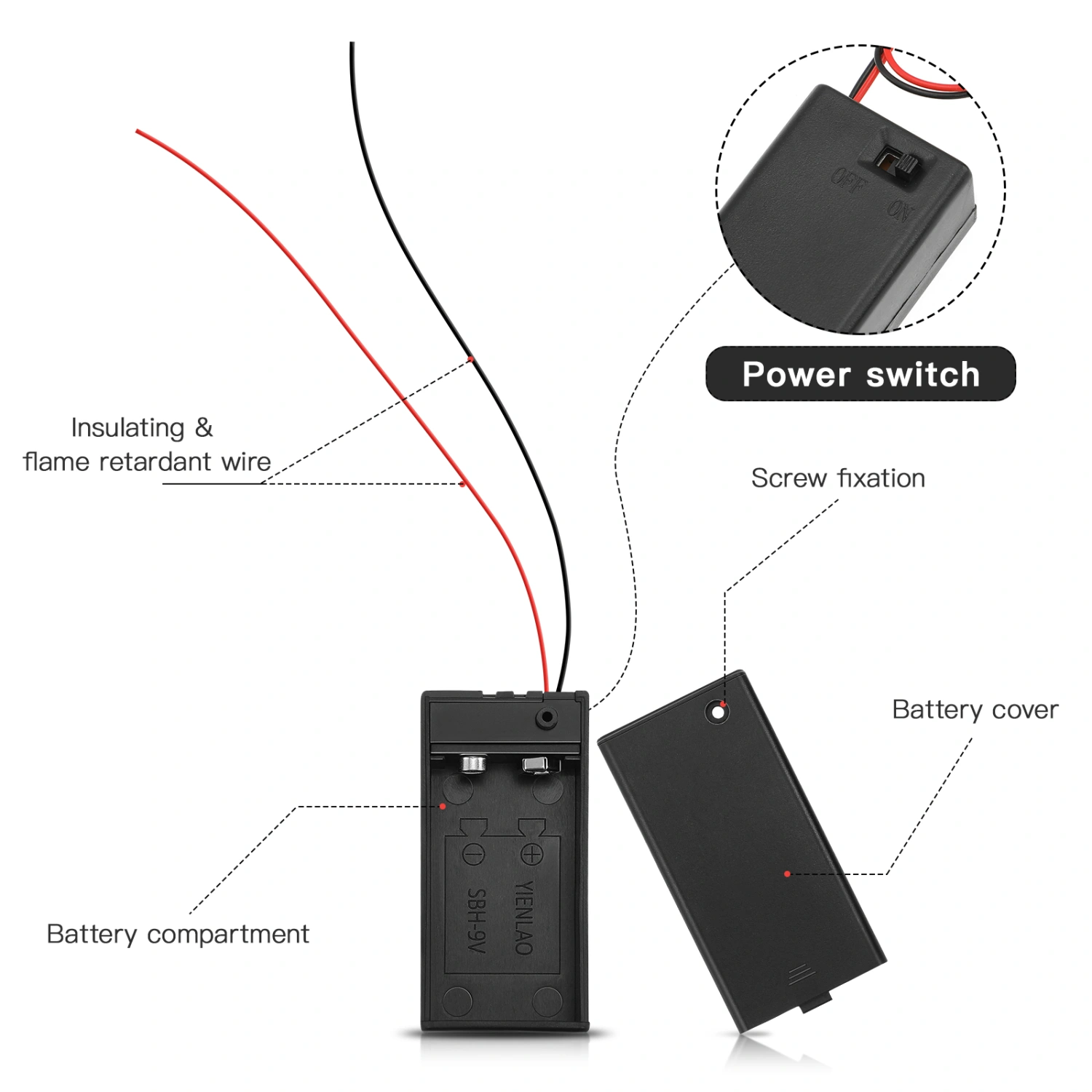 10pcs Battery Holder On/Off Switch Battery Case Insulating Batery Container (9V 6F22 Battery)