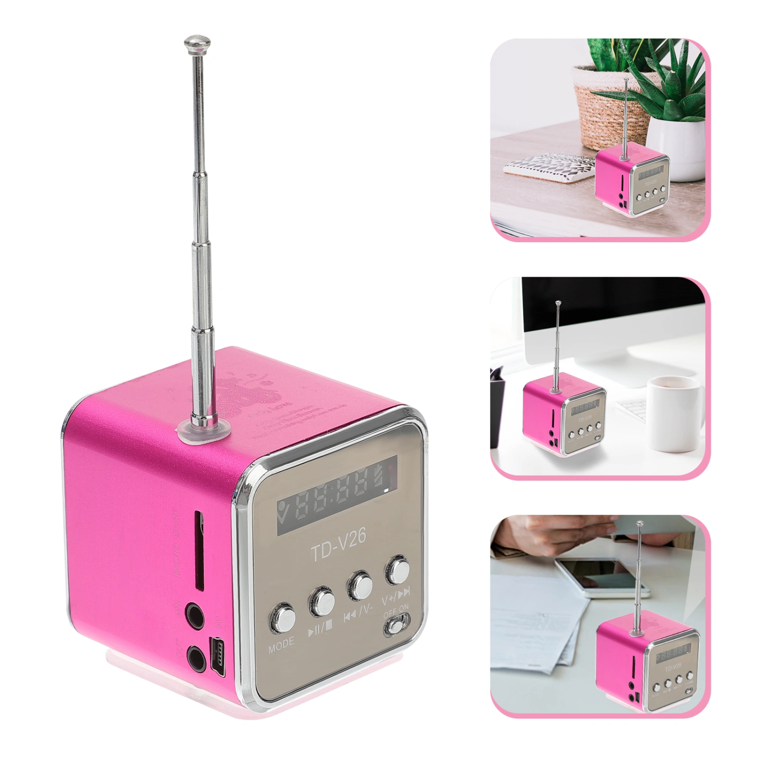 Mini Digital Portable Music MP3/4 Player Micro SD/TF USB Disk Speaker FM Radio (Rosy)