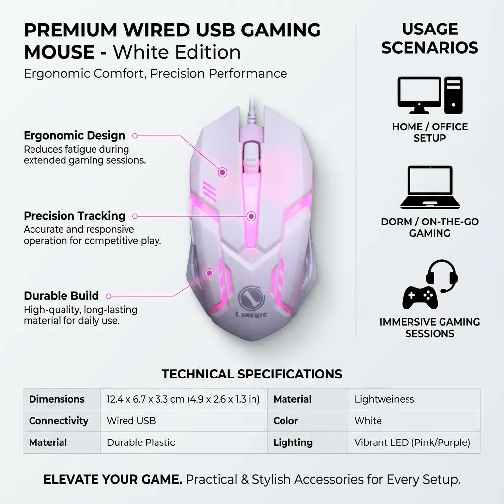 Practical Wired USB Gaming Mouse Computer Game Mouse Gaming Accessories Supplies for Home Dorm (White)