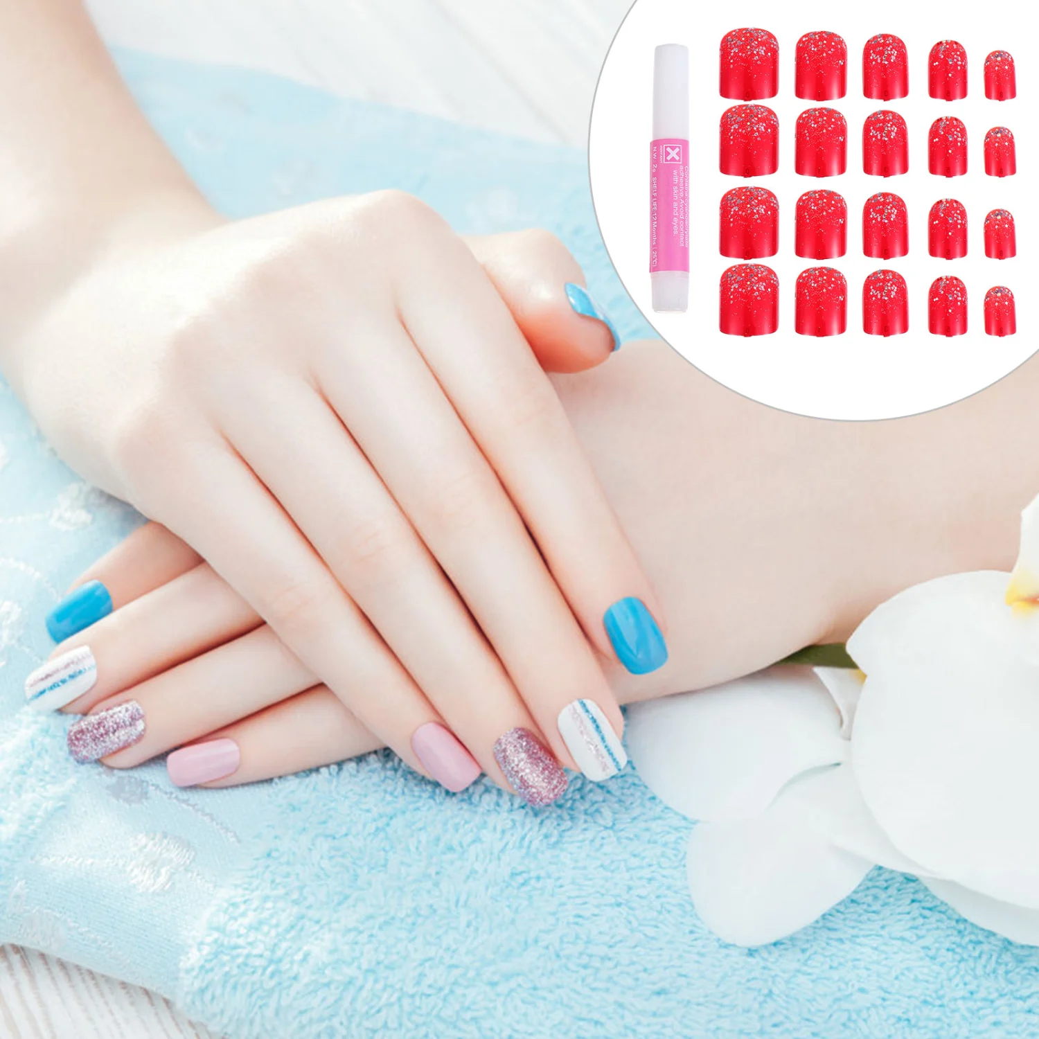 48Pcs False Nail Glitter Decorated Solid Short Square Full Fake Nails for Women