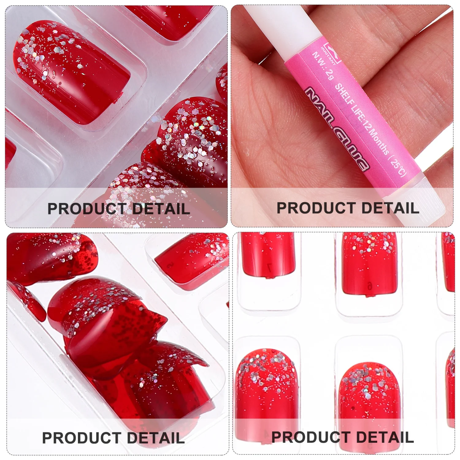 48Pcs False Nail Glitter Decorated Solid Short Square Full Fake Nails for Women