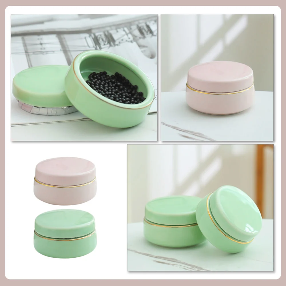 2Pcs Mini Tea Canister Portable Ointment Container Ceramic Lip Balm Holder