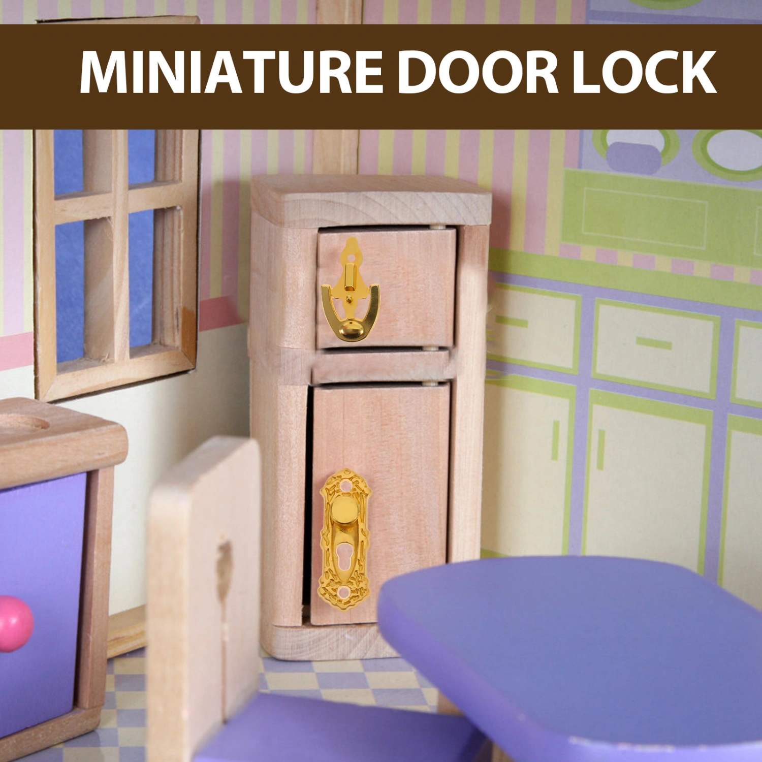 1 Set Miniature Door Lock and Key Doorplate Door Knocker Set Tiny House Decoration