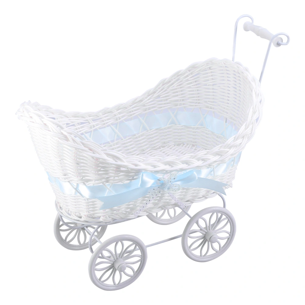 1pc Cart Cane TricyclesFlower Basket Knitted Flower Mini Car Furnishing Articles for Wedding Baby Shower Party Birthday Decor (Blue)