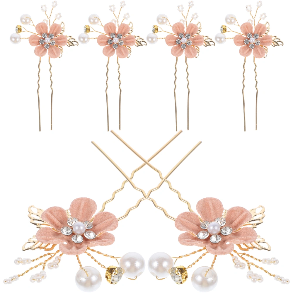 6 pcs Bridal Flower Hairpin Rhinestone Pearl Hairpin Wedding U-shaped Hair Pin for Women