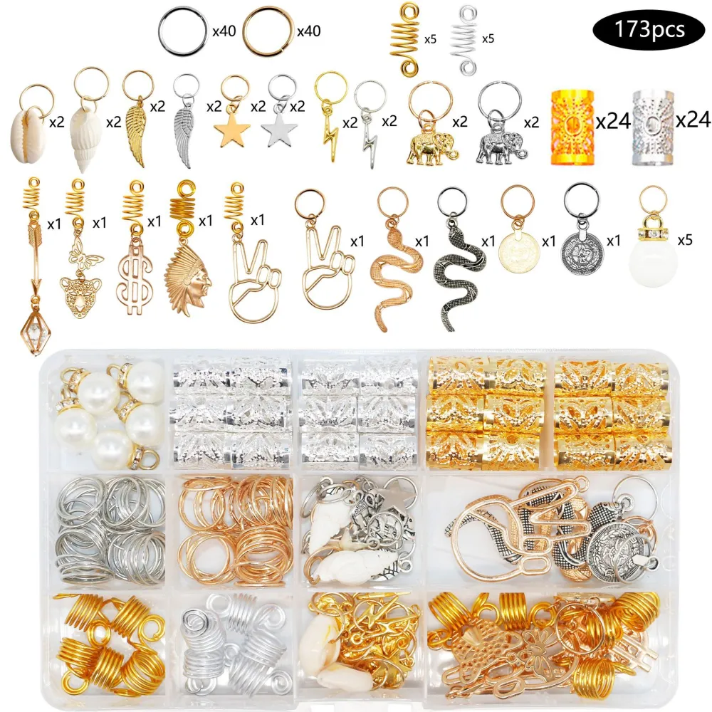 173pcs DIY Hair Cuffs Dreadlocks CuffsHollow-out Hair Rings Braid Hair Accessories