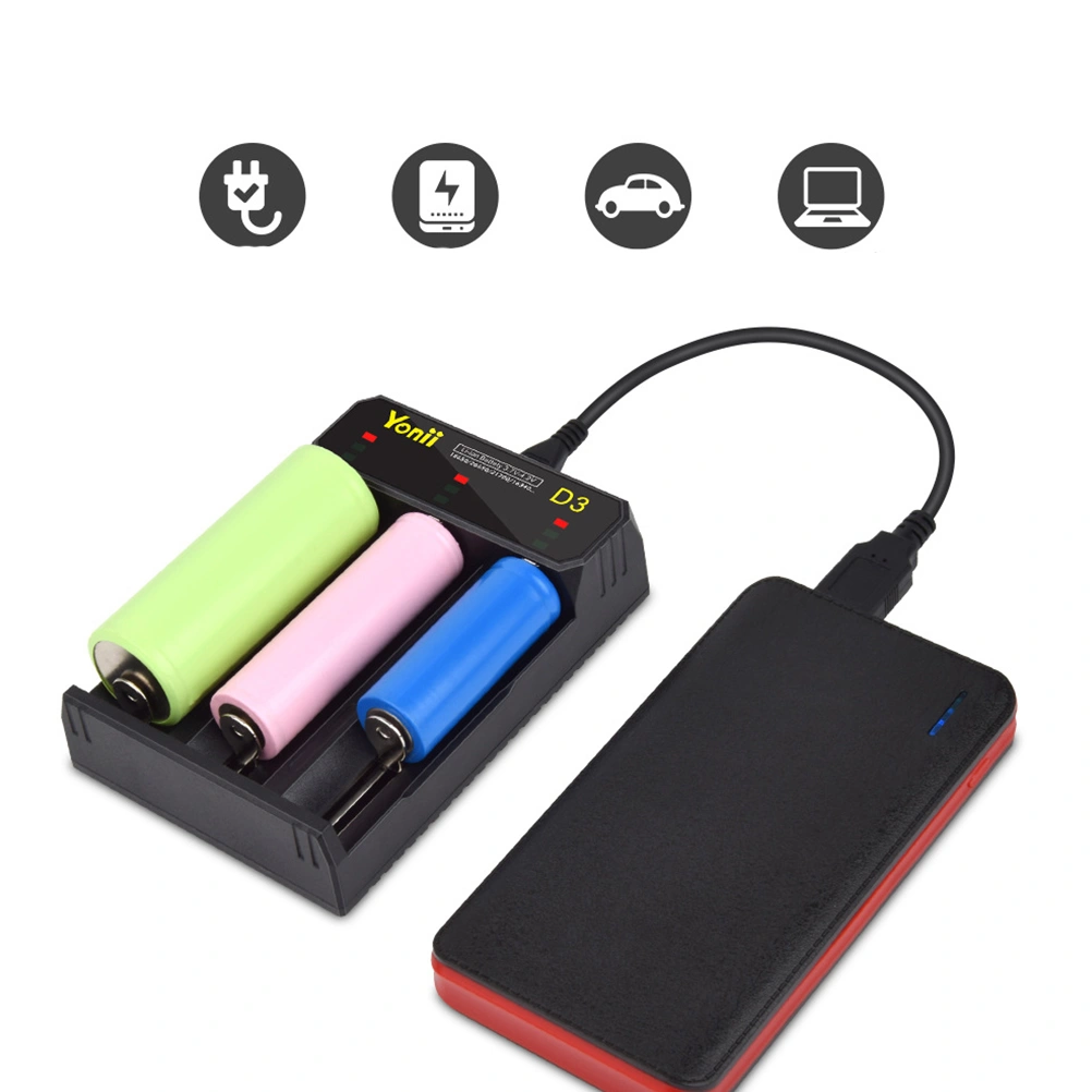 3 Slots Battery Charger USB Interface 18650 Multi-function Li-ion Battery Charger for 18650/26650/21700 Battery Charger Intelligent Independent Charging Device (Black)