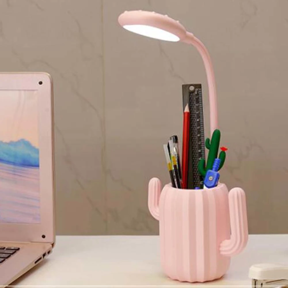 LED Eye Protection Small Table Lamp Cactus Design Bedside Desk Lamp Table Lamp for Dormitory Office Bedroom (Pink)