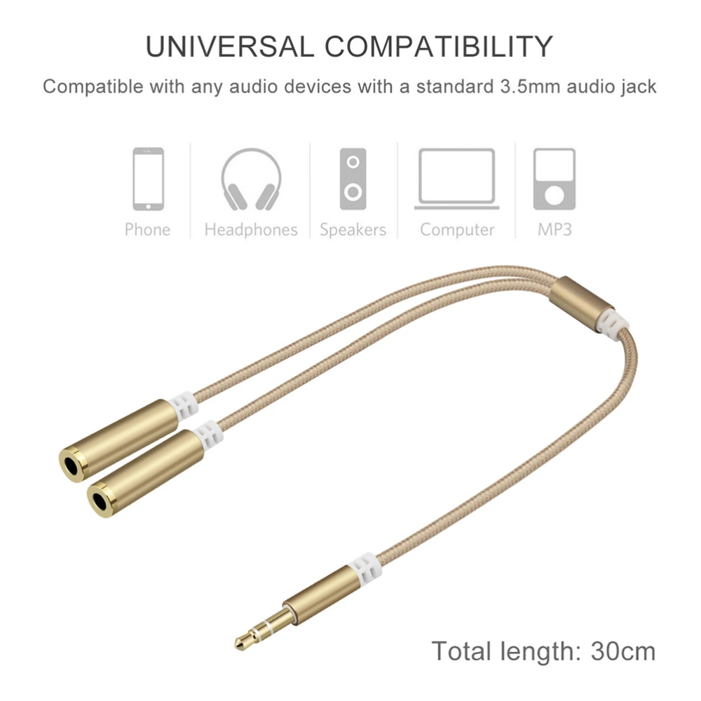 M1S 30cm 3.5mm Male to 2X 3.5mm Female Audio Jack Headphone Splitter Extension Cable Nylon Braided Aluminum Alloy Shell (Golden)