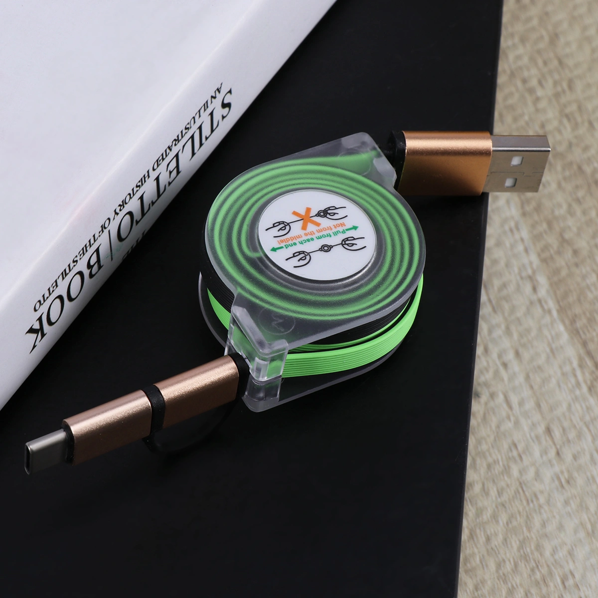 1m USB Charging Cable Retractable Type-C / Micro USB Charging Cord Portable Charger Cable for Android Phones (Green)
