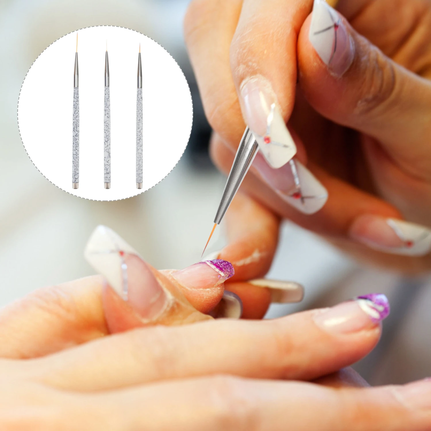 3 Pcs 11/15/20 MM Thin Tip Painting Brush Marble Pattern Handle Drawing Brush Manicure Brush Nail Art Supplies for Beauty Salon