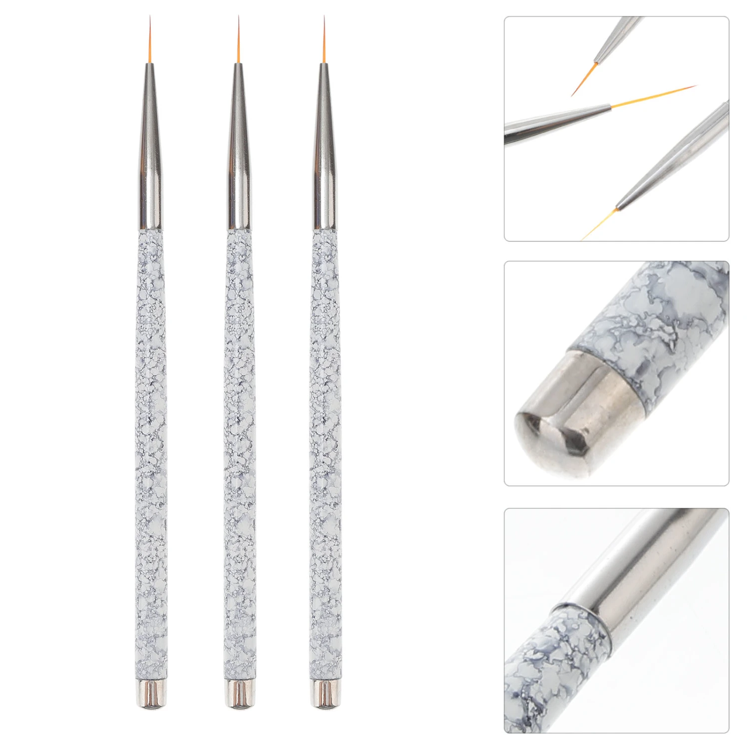 3 Pcs 11/15/20 MM Thin Tip Painting Brush Marble Pattern Handle Drawing Brush Manicure Brush Nail Art Supplies for Beauty Salon