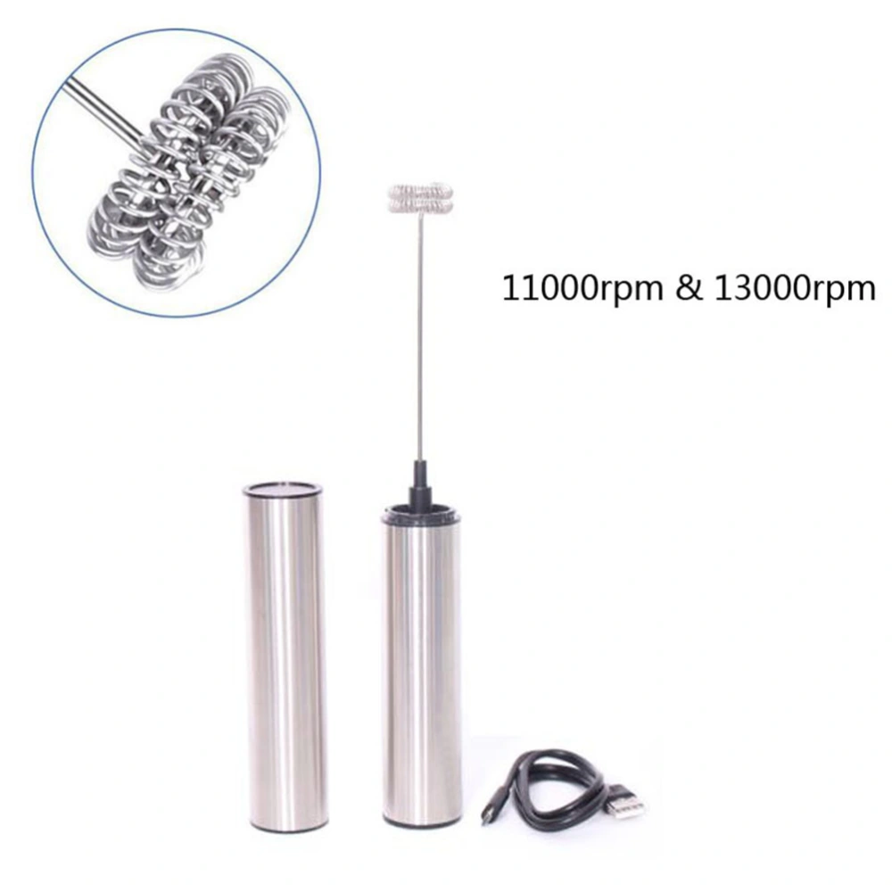 1 Set of USB Powered Stainless Steel Electric Milk Frother Three Layer Spring Wires Replacement Heads Adjustable Espresso Mixer Coffee Stirrer with Cover Lid for Home Kitchen (Silver, Without Battery)