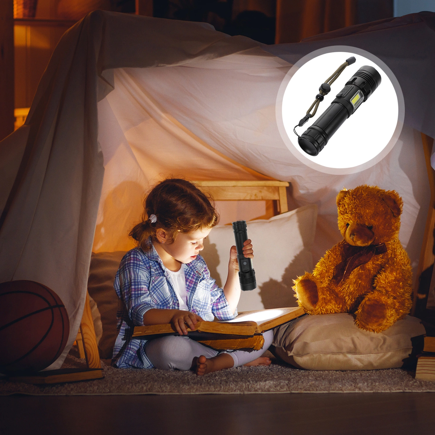 1 Set of Outdoor Flashlight Rechargeable Flashlight Portable Flashlight Telescopic Zoom Flashlight